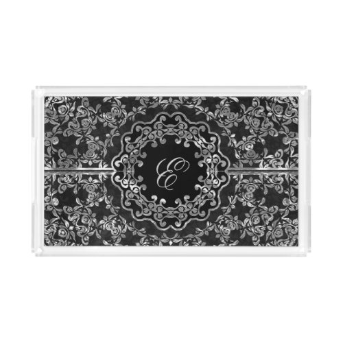 Silver Gray Floral Lace Black Damasks Monogrammed Acrylic Tray