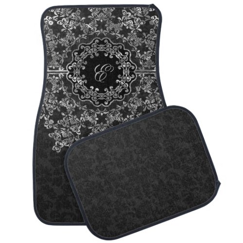 Silver Gray Floral Lace Black Damasks Monogrammed Car Floor Mat