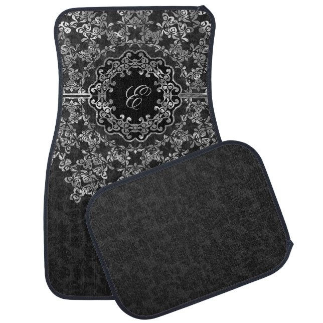 Silver Gray Floral Lace Black Damasks Monogrammed Car Floor Mat (Set)