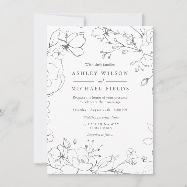 Silver Gray Floral Modern Elegant Wedding Invitation (Front)