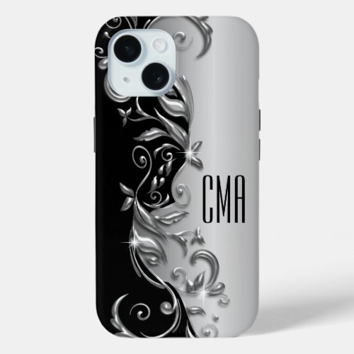 Silver Gray Floral _ Monogram iPhone 15 Case
