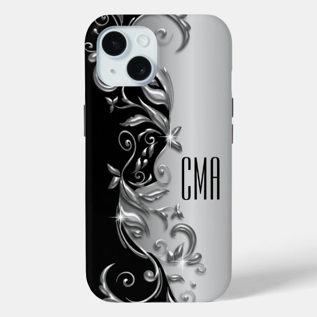 Silver Gray Floral - Monogram Case-Mate iPhone Case (Back)