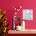 Silver Gray  Floral Palm Monochrom Metallic Steel Square Wall Clock<br><div class="desc">Italian Design Florence –fashion luxury trend florenceK</div>