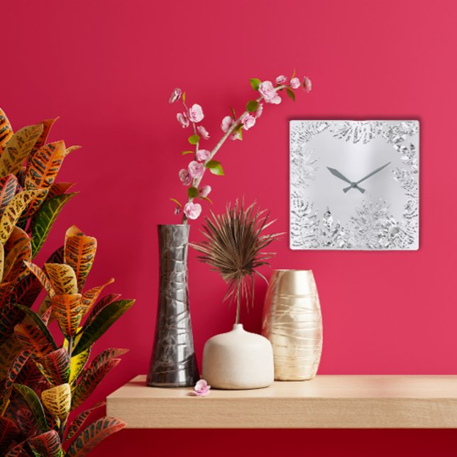 Silver Gray  Floral Palm Monochrom Metallic Steel Square Wall Clock (Silver Gray Floral Palm Monochrom Metallic Steel Square Wall Clock)