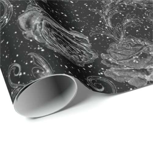 Silver Gray Floral Roses Black White Glitter Glam Wrapping Paper