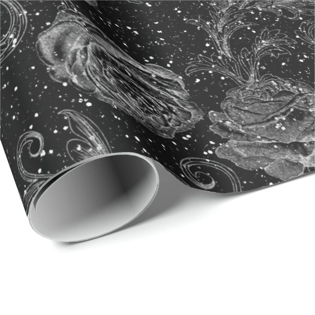 Silver Gray Floral Roses Black White Glitter Glam Wrapping Paper (Roll Corner)