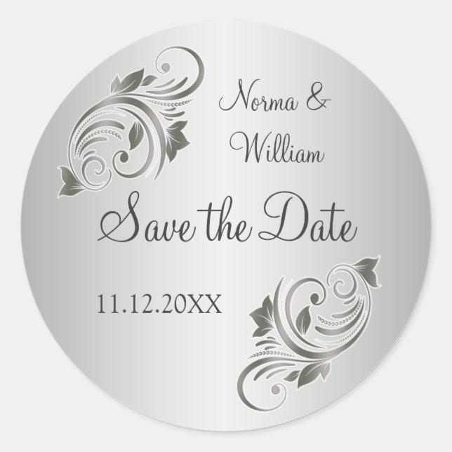 Silver gray floral swirls Save the Date Sticker (Front)