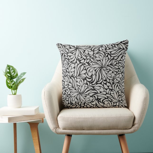Silver Gray Flower Swirl Pattern on Black Throw Pillow (Chair)