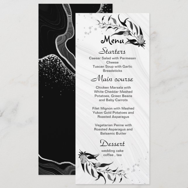 silver gray flowers & black leaves wedding menu (Front/Back)