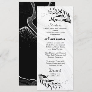 silver gray flowers & black leaves wedding menu