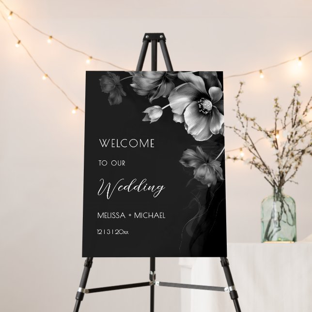 Silver Gray Flowers Black Wedding Welcome Foam Board (In Situ (Stand))