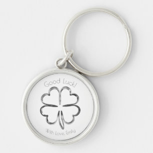 Silver Gray Four Leaf Clover Custom Text Good Luck Keychain