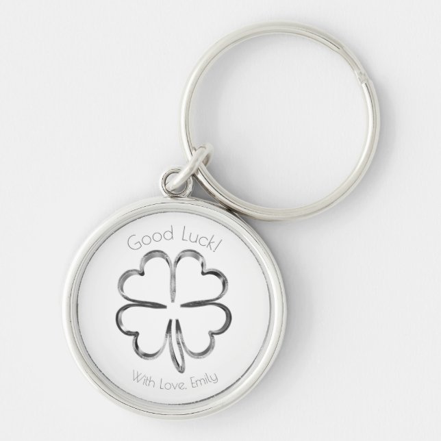 Silver Gray Four Leaf Clover Custom Text Good Luck Keychain (Front)