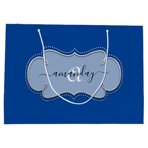 Silver Gray Framed Royal Monogram Name Blue Large Gift Bag