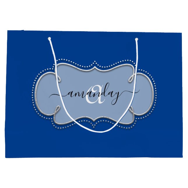 Silver Gray Framed Royal Monogram Name Blue Large Gift Bag (Back)