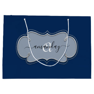 Silver Gray Framed Royal Monogram Name Blue Navy Large Gift Bag
