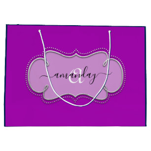 Silver Gray Framed Royal Monogram Name Navy PInk Large Gift Bag