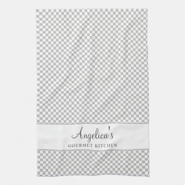 Silver Gray French Plaid Check Country Gourmet Kitchen Towel (Vertical)