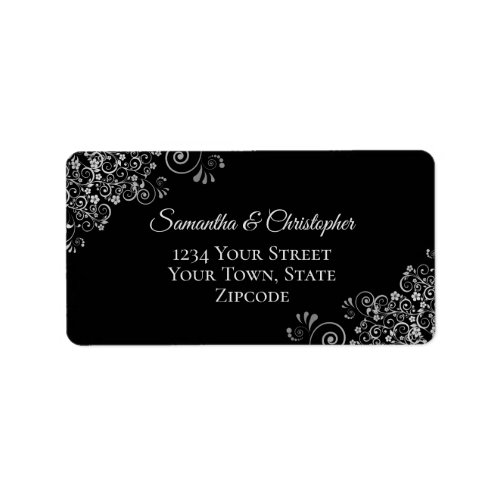 Silver Gray Frills Elegant Black Wedding Address Label