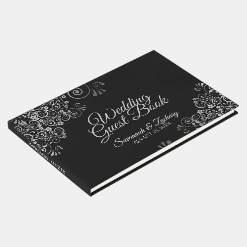 Silver Gray Frilly Filigree Elegant Black Wedding Guest Book