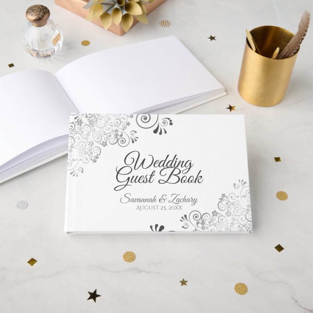 Silver Gray Frilly Filigree Elegant Wedding Guest Book (Front Open)
