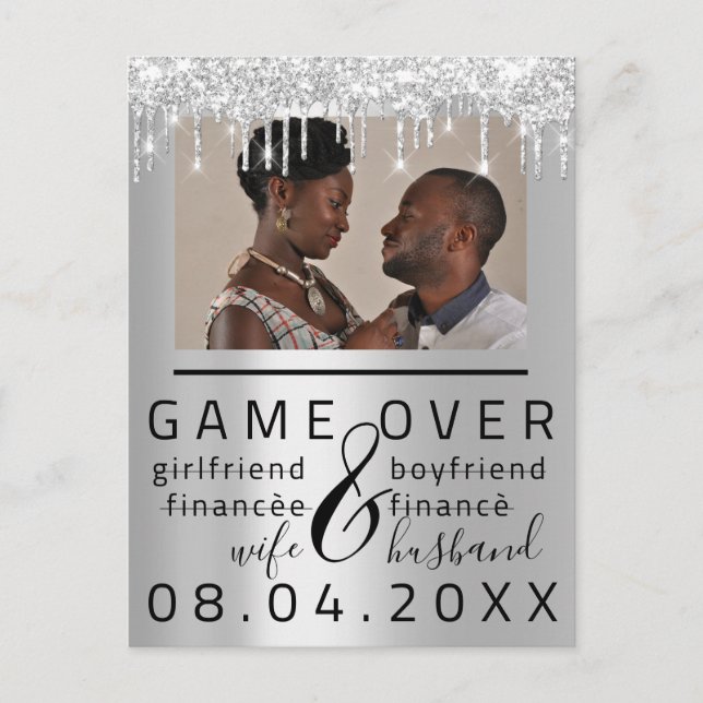 Silver Gray Funny Save The Date Couple Photo Postcard (Front)