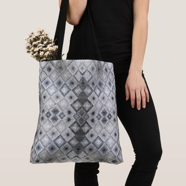 Silver & Gray Geometric Abstract Lattice Texture Tote Bag (Close Up)