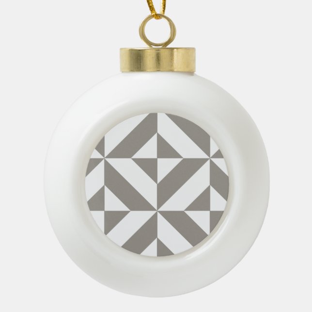 Silver Gray Geometric Deco Cube Pattern Ceramic Ball Christmas Ornament (Front)