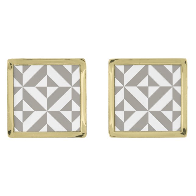 Silver Gray Geometric Deco Cube Pattern Gold Cufflinks (Front)