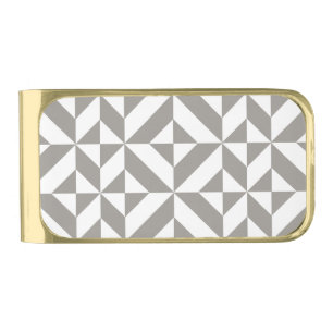 Silver Gray Geometric Deco Cube Pattern Gold Finish Money Clip