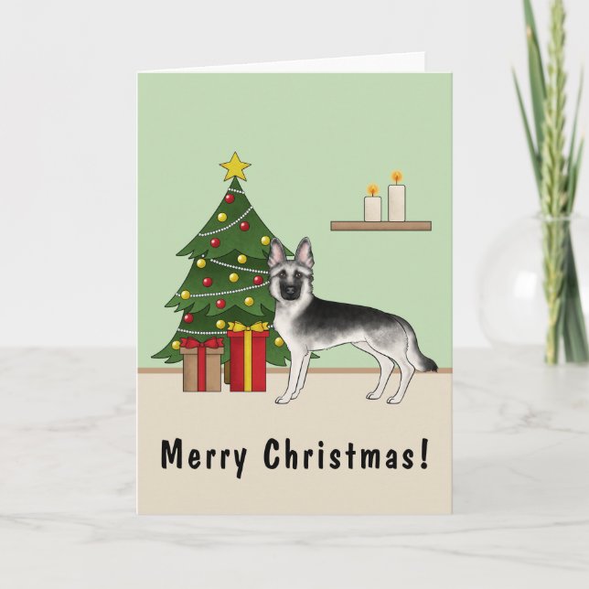 Silver Gray German Shepherd Festive Christmas Tree Card (Front)