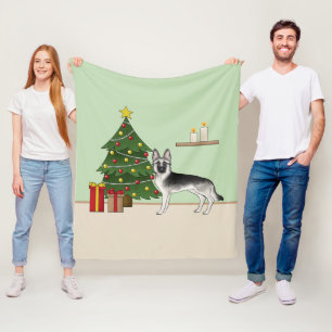 Silver Gray German Shepherd Festive Christmas Tree Fleece Blanket
