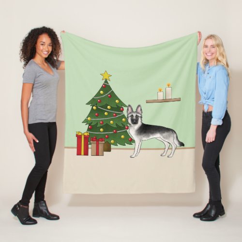 Silver Gray German Shepherd Festive Christmas Tree Fleece Blanket