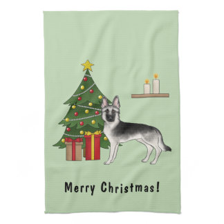 Silver Gray German Shepherd Festive Christmas Tree Kitchen Towel