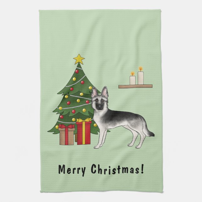 Silver Gray German Shepherd Festive Christmas Tree Kitchen Towel (Vertical)