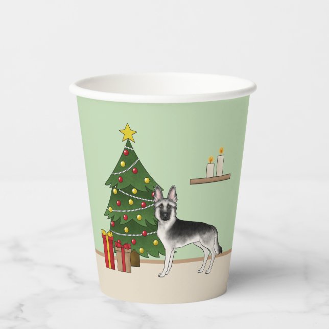 Silver Gray German Shepherd Festive Christmas Tree Paper Cups (Front)