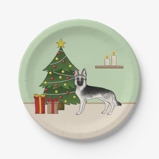 Silver Gray German Shepherd Festive Christmas Tree Paper Plates (Front)