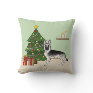 Silver Gray German Shepherd Festive Christmas Tree Throw Pillow