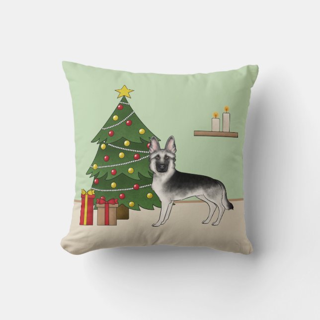 Silver Gray German Shepherd Festive Christmas Tree Throw Pillow (Front)