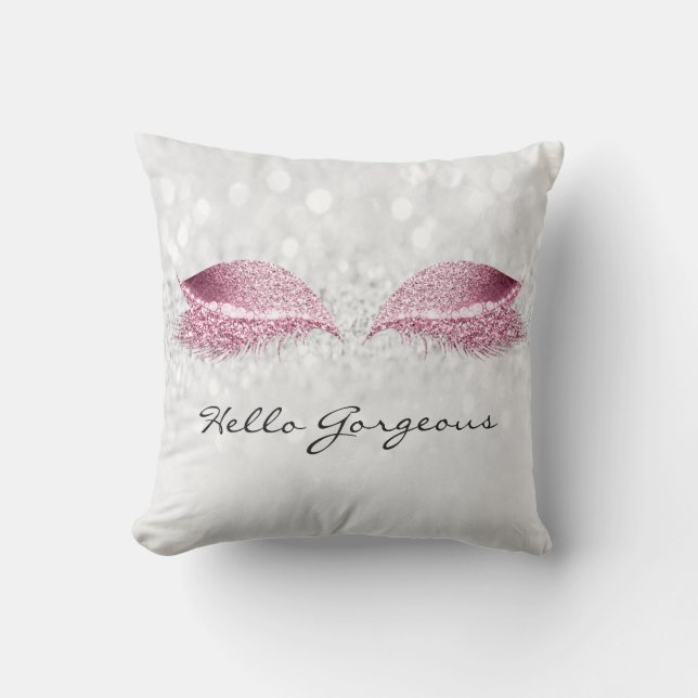 Silver Gray Girl Makeup Lashes Hello Gorgeous Pink Throw Pillow (Front)