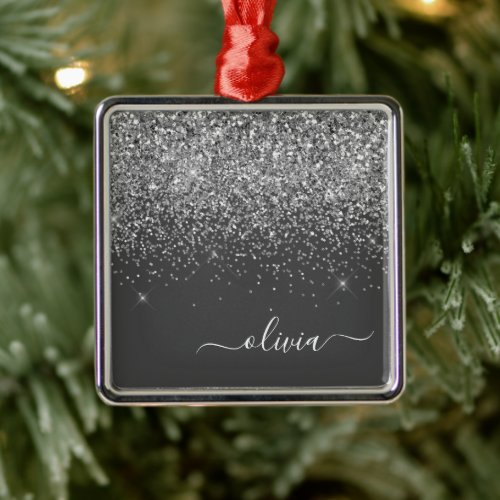 Silver Gray Girly Glitter Sparkle Monogram Name Metal Ornament