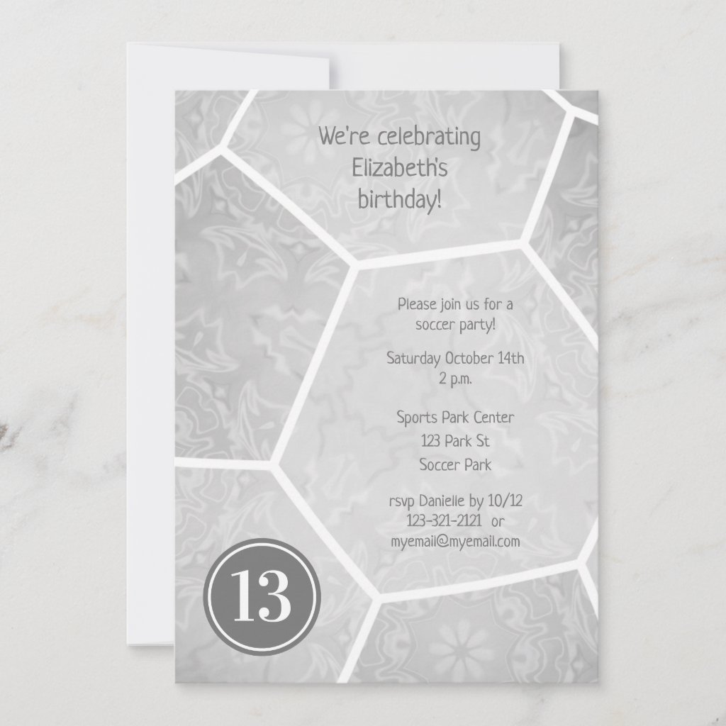 silver gray girly soccer birthday party invitation