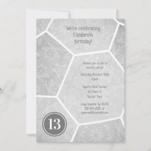 silver gray girly soccer birthday party invitation