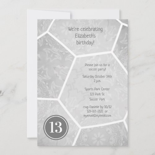silver gray girly soccer birthday party  invitation