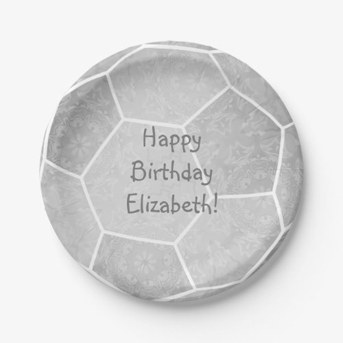 silver gray girly soccer birthday party paper plates