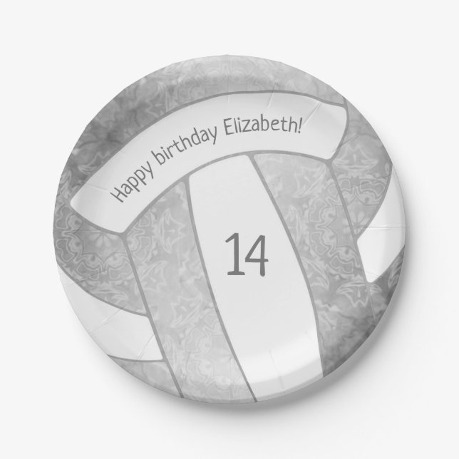 silver gray girly volleyball birthday party paper plates (Front)