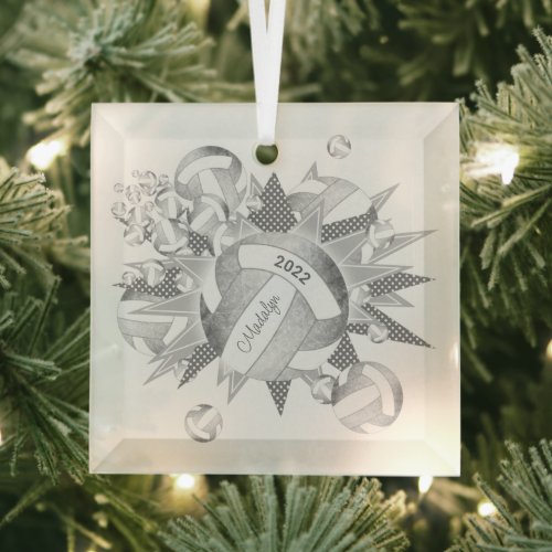 silver gray girly volleyballs and stars glass ornament