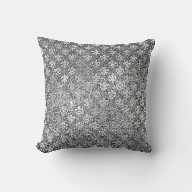 Silver Gray Glam Glass Glitter Fleur de Lis Throw Pillow (Front)