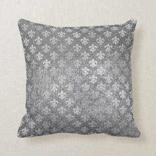 Silver Gray Glam Glass Glitter Fleur de Lis Throw Pillow