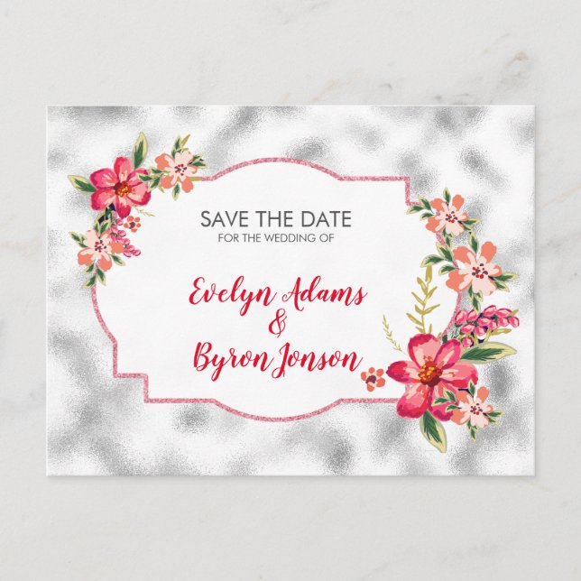 Silver Gray Glass And Flowers Announcement Postcard (Front)